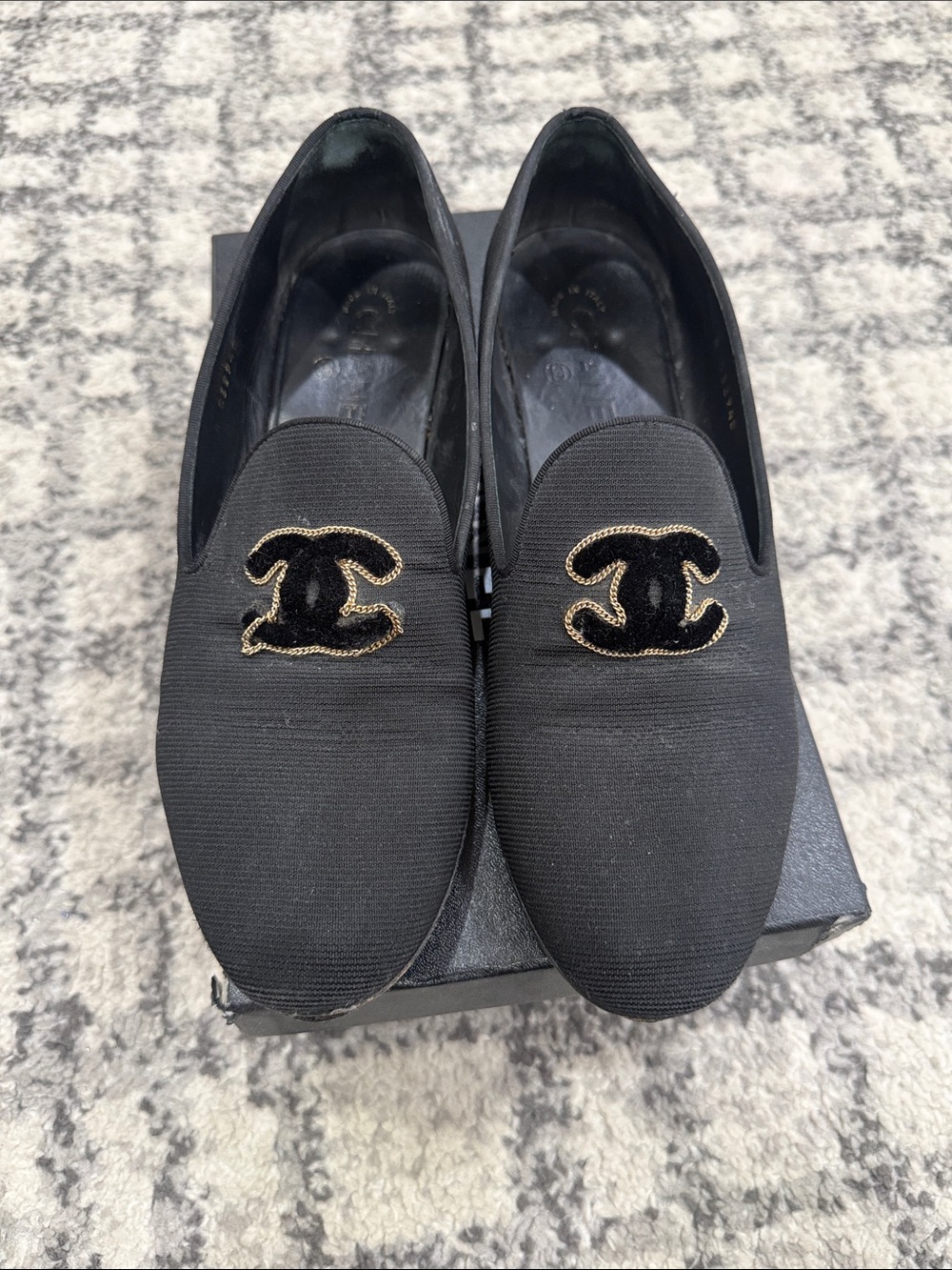 CHANEL Black Canvas Slip-On Loafers with Gold-Trim CC